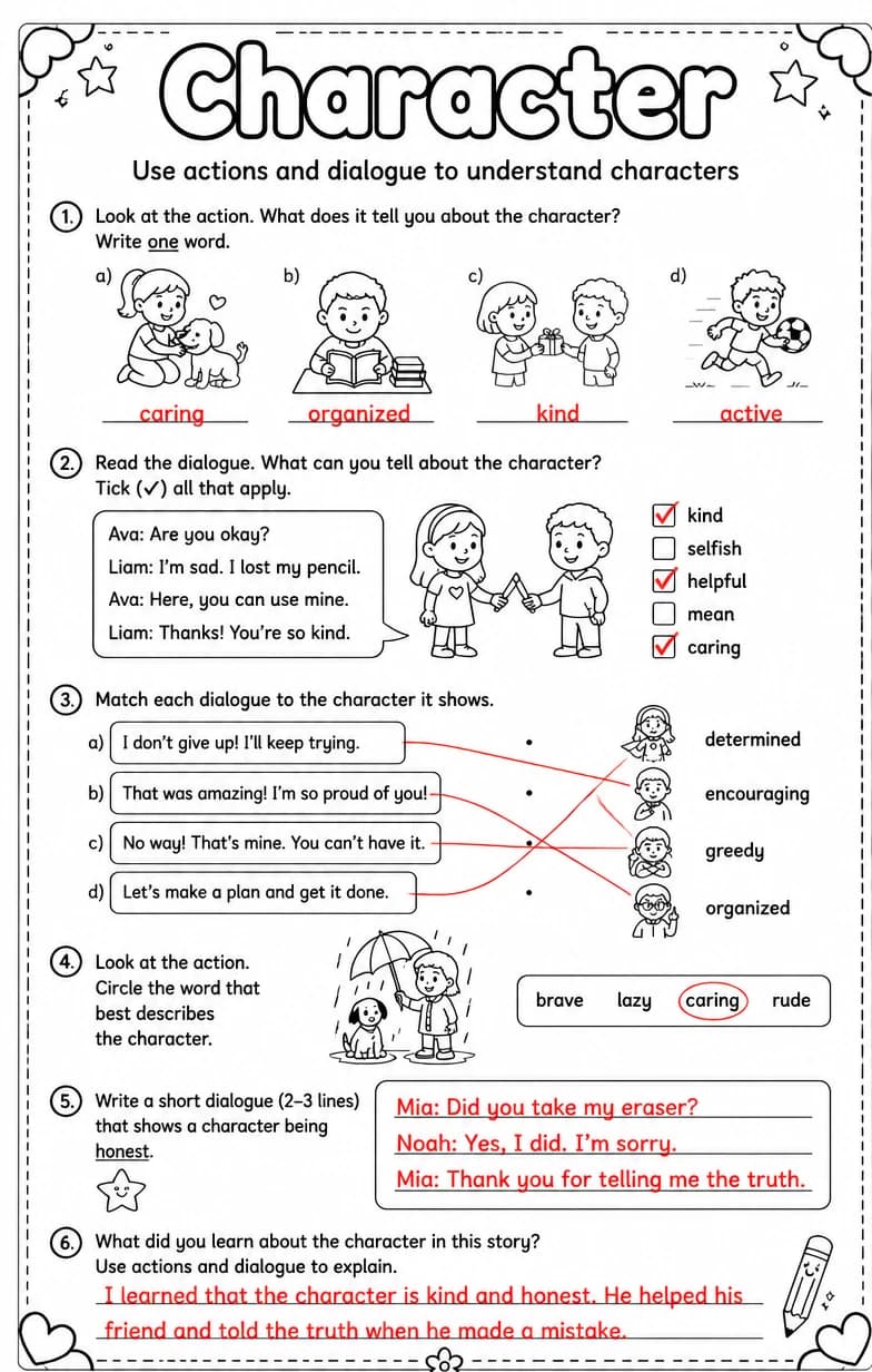 Answer key for Use actions and dialogue to understand characters — free printable English & Reading worksheet