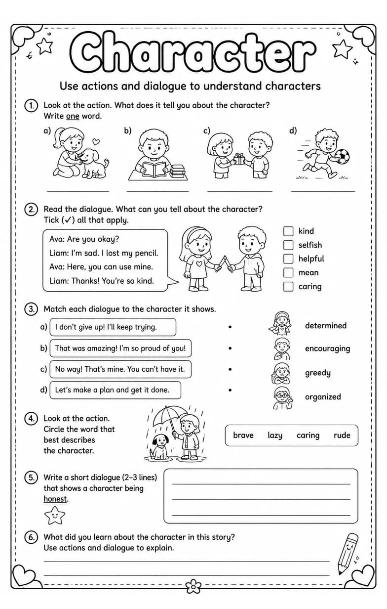 Use actions and dialogue to understand characters — free printable Grade 4 English & Reading worksheet