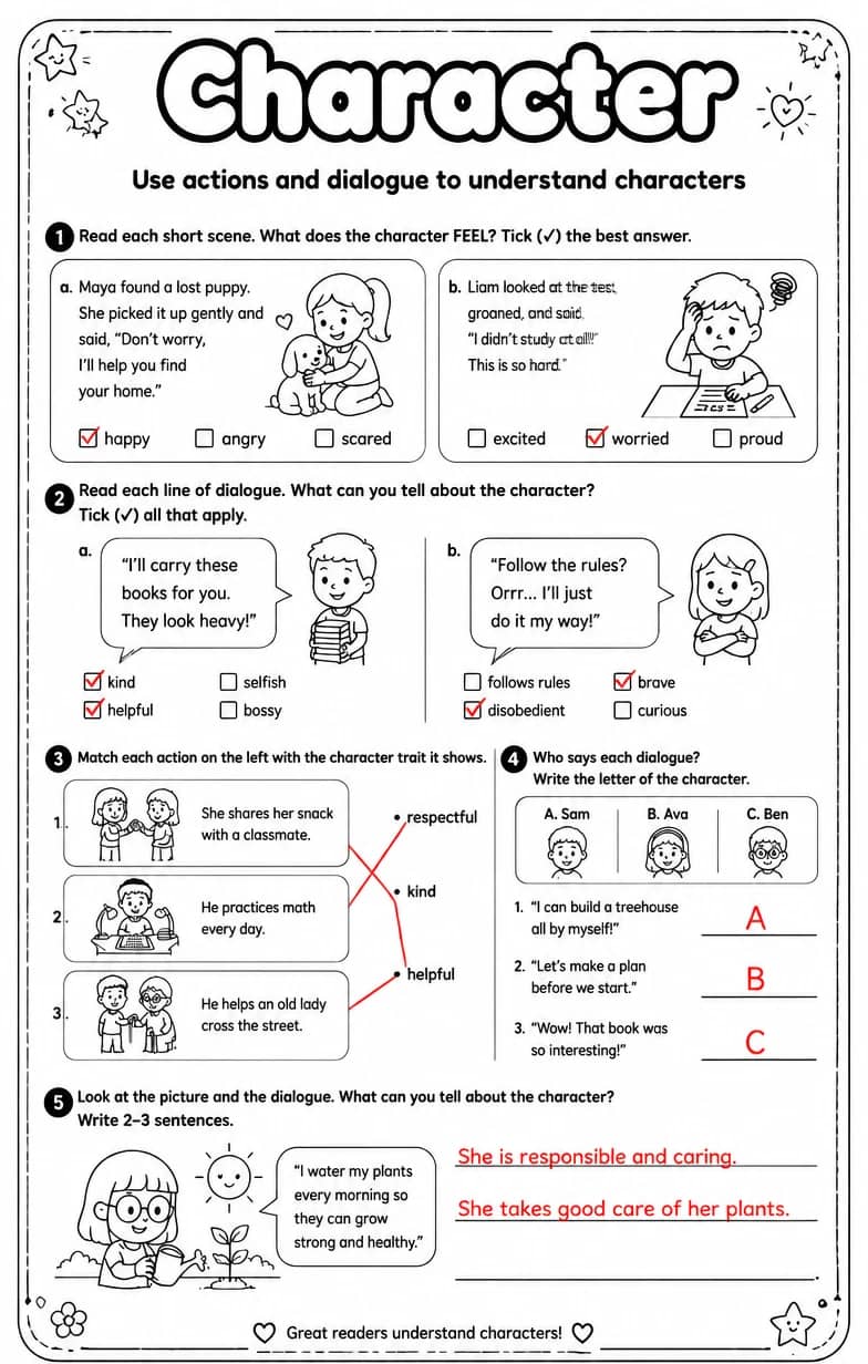 Answer key for Use actions and dialogue to understand characters — free printable English & Reading worksheet