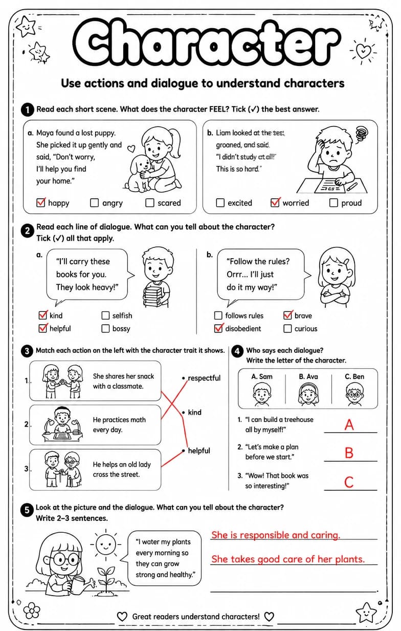 Answer key for Use actions and dialogue to understand characters — free printable English & Reading worksheet