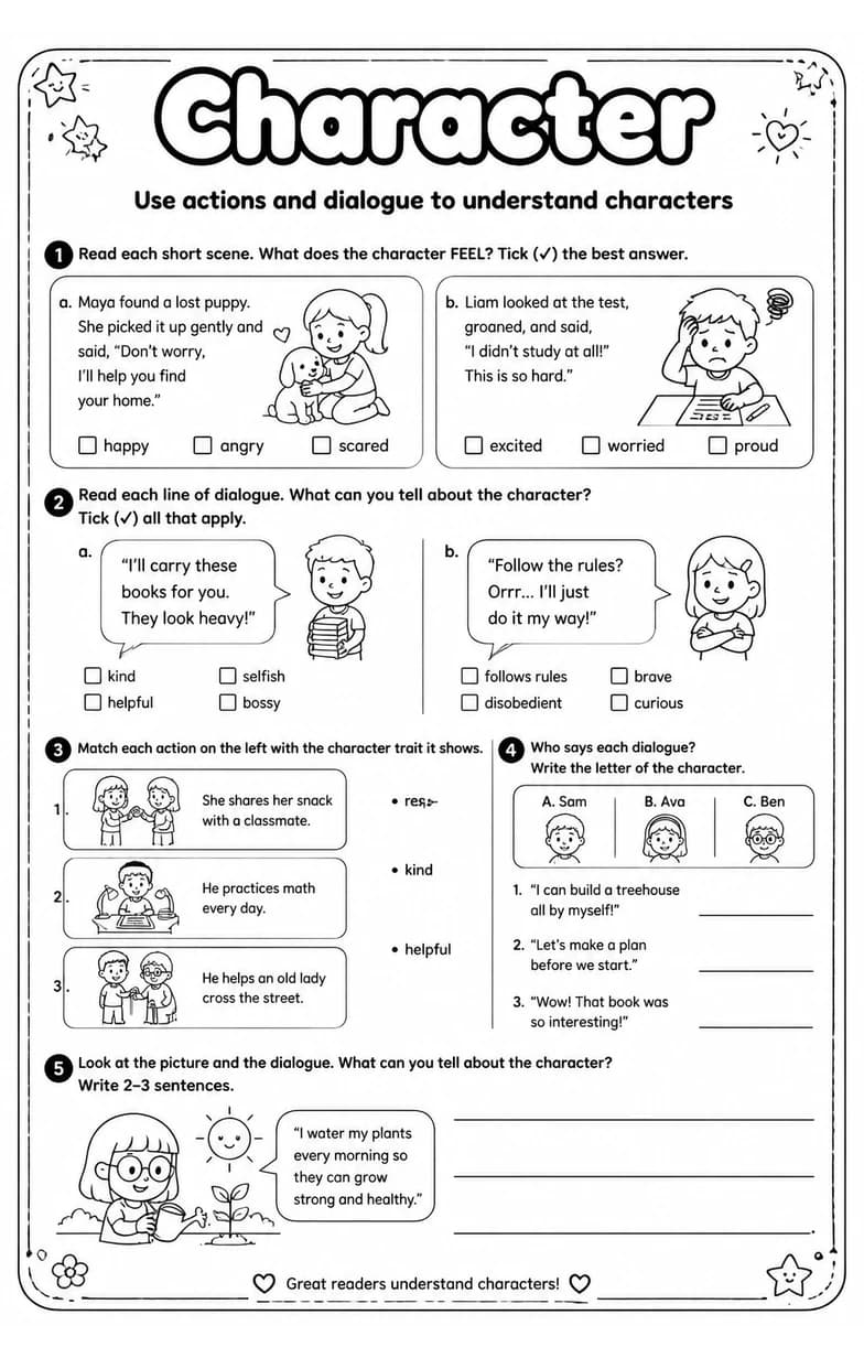 Use actions and dialogue to understand characters — free printable Grade 5 English & Reading worksheet