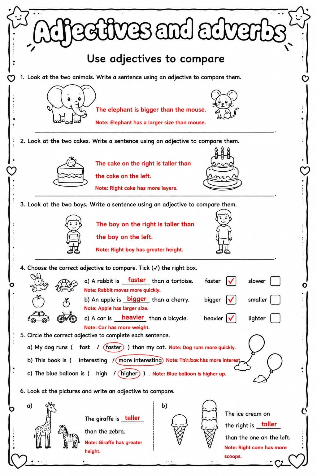 Answer key for Use adjectives to compare — free printable English & Reading worksheet