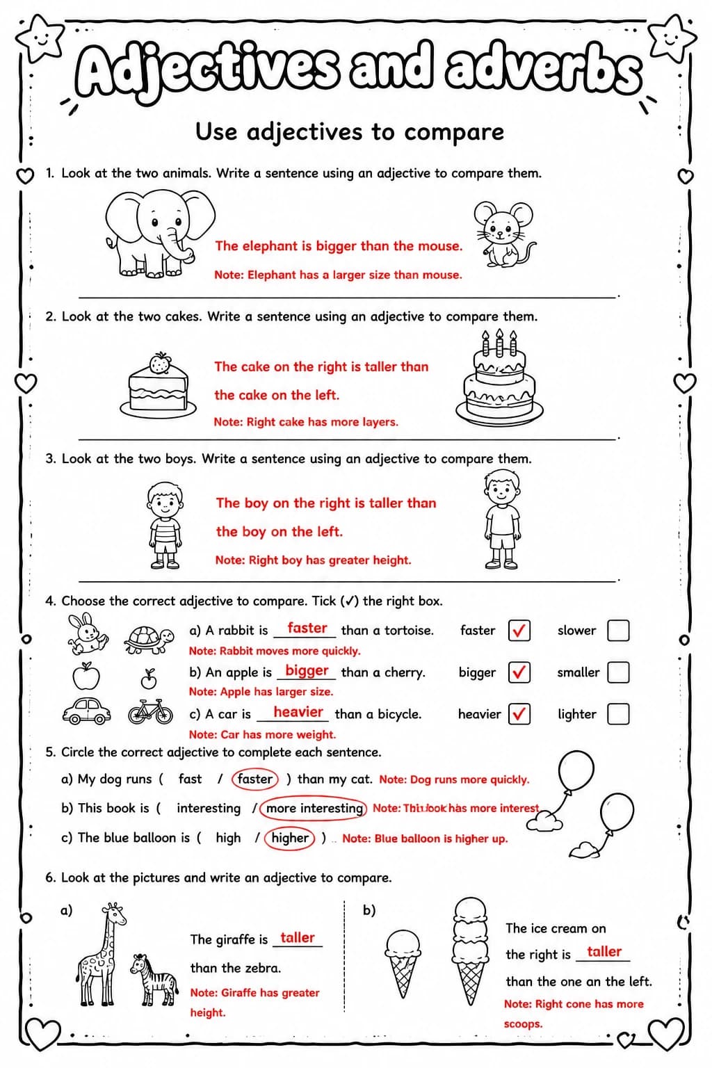 Answer key for Use adjectives to compare — free printable English & Reading worksheet