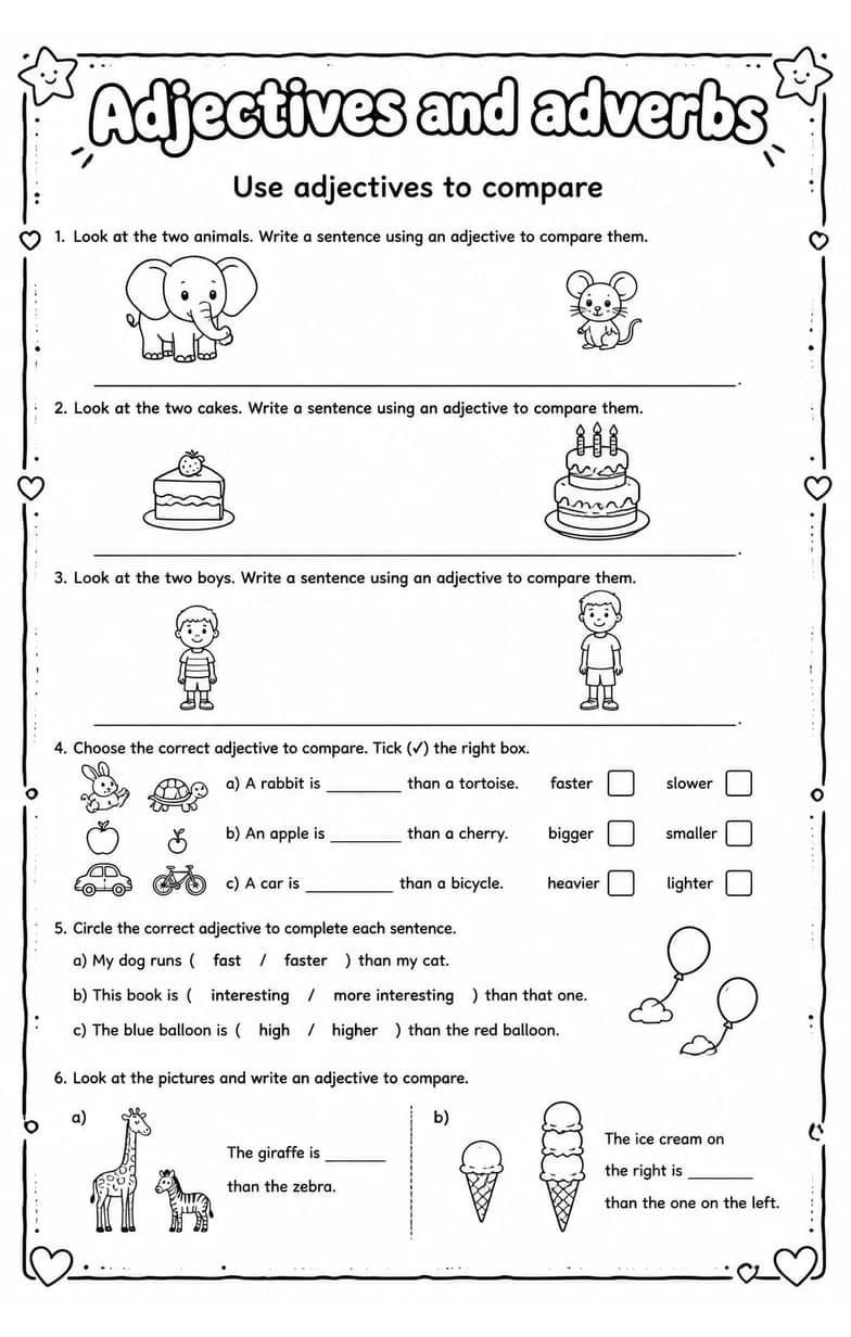 Use adjectives to compare — free printable Grade 3 English & Reading worksheet