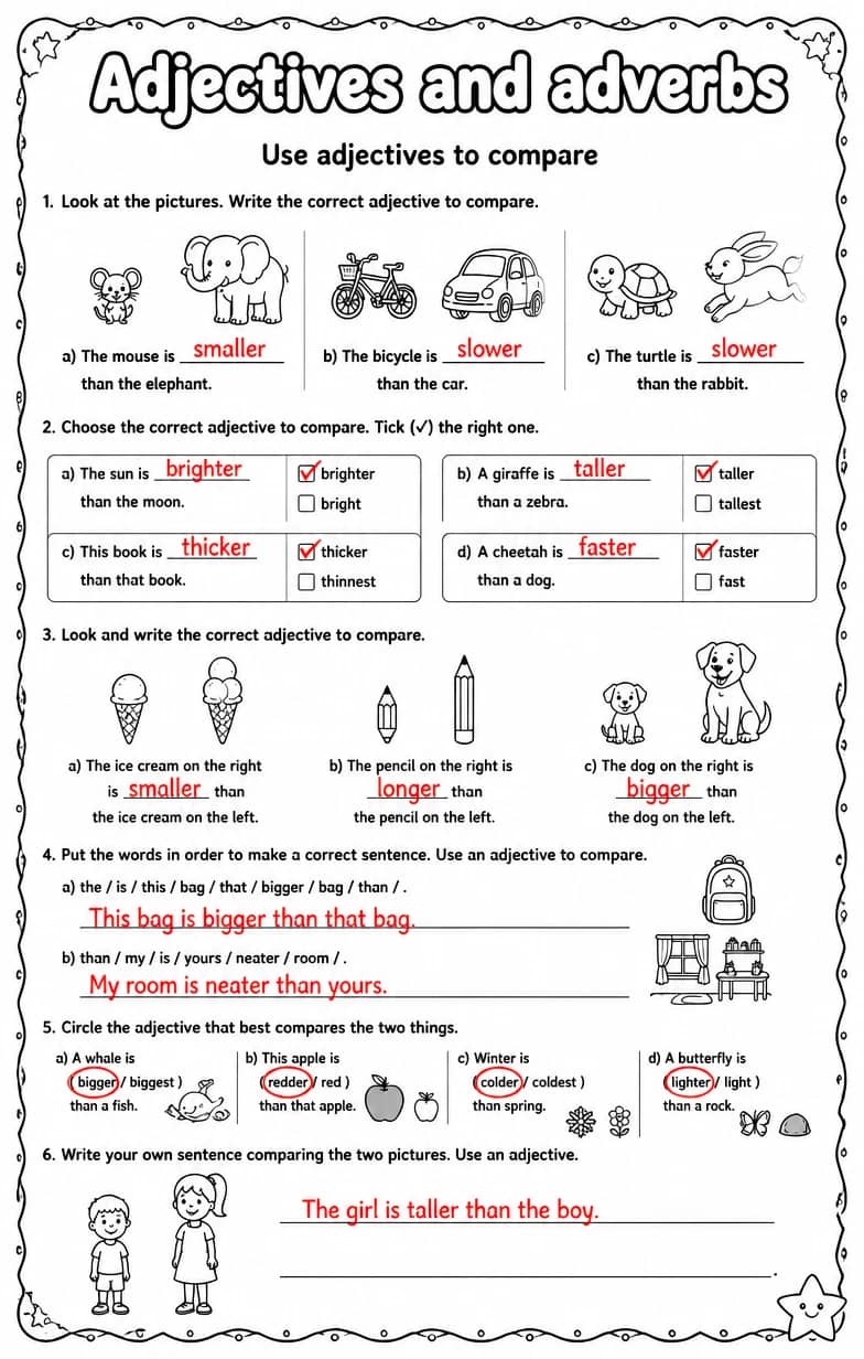 Answer key for Use adjectives to compare — free printable English & Reading worksheet