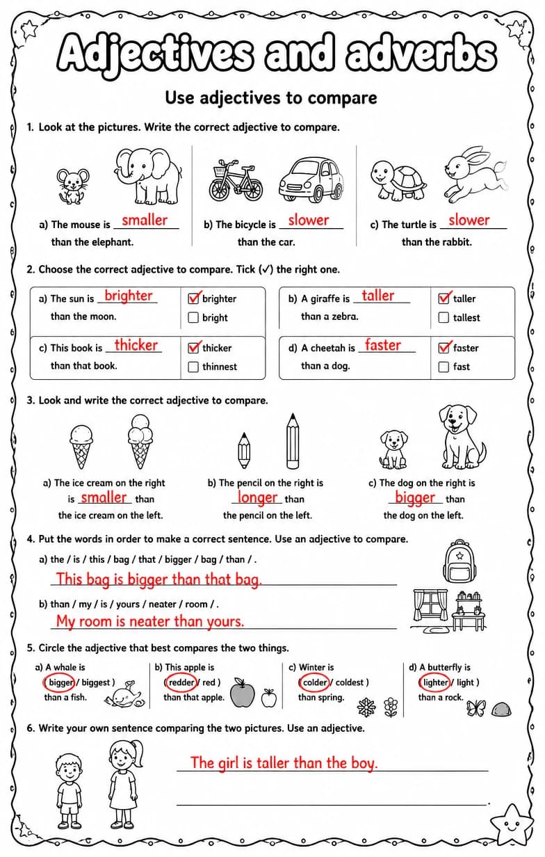 Answer key for Use adjectives to compare — free printable English & Reading worksheet