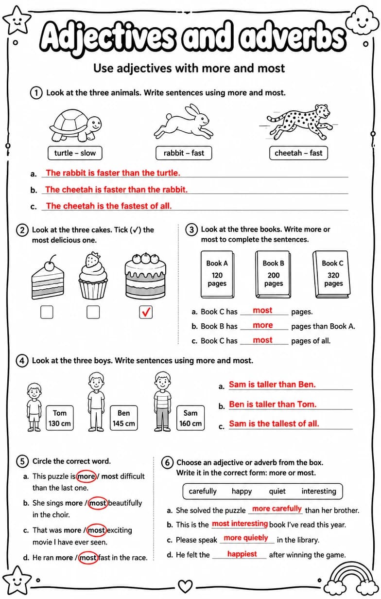 Answer key for Use adjectives with more and most — free printable English & Reading worksheet