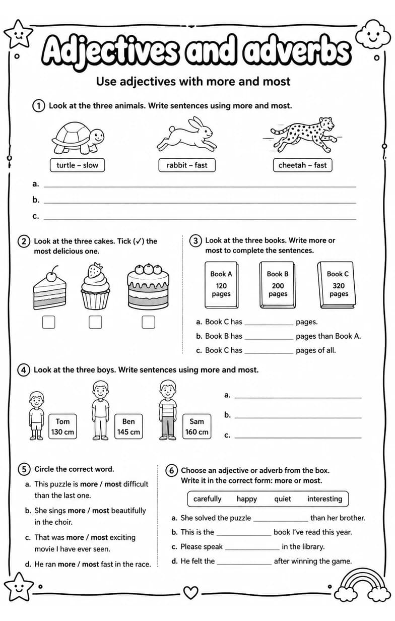Use adjectives with more and most — free printable Grade 4 English & Reading worksheet
