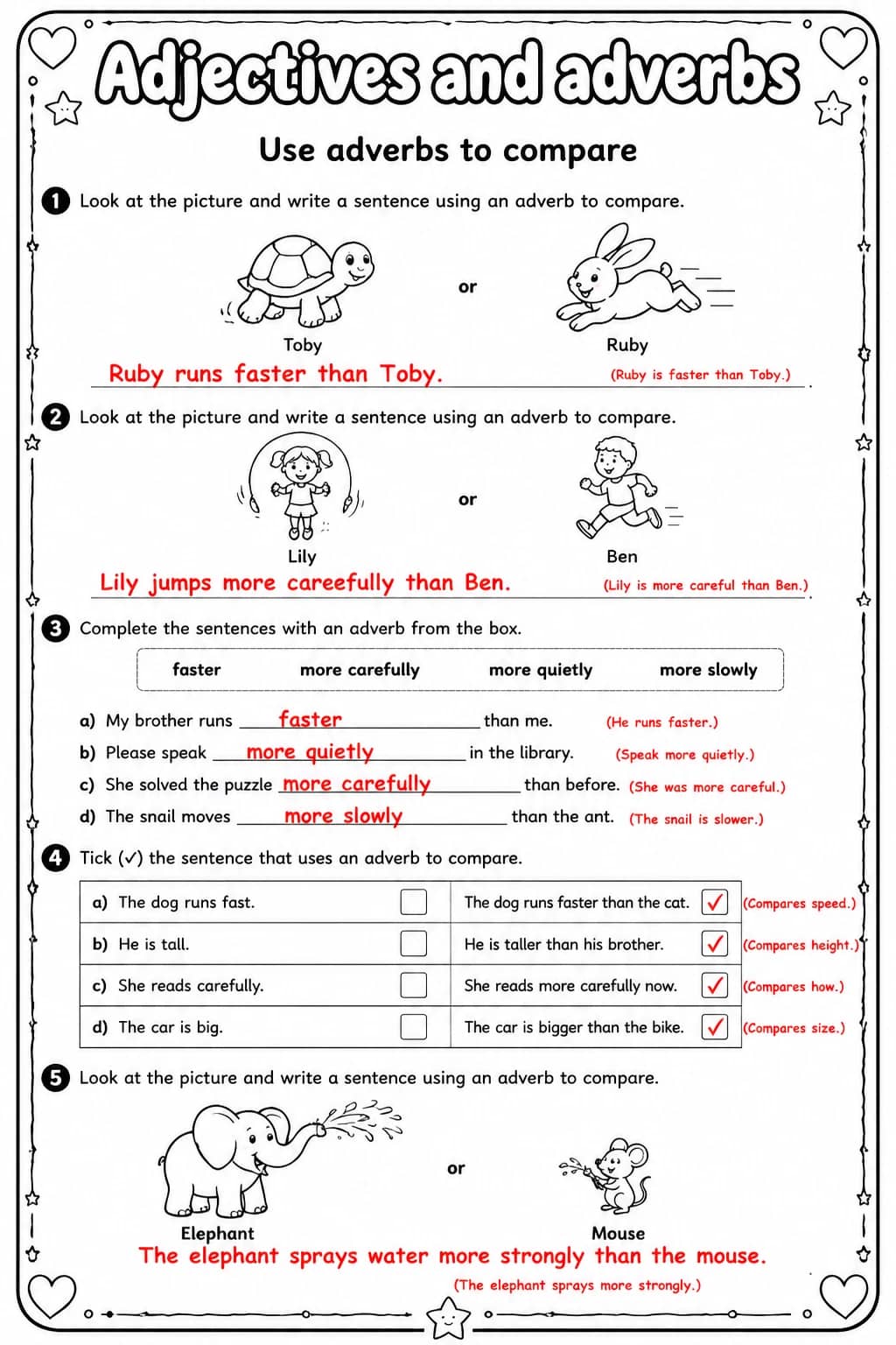 Answer key for Use adverbs to compare — free printable English & Reading worksheet