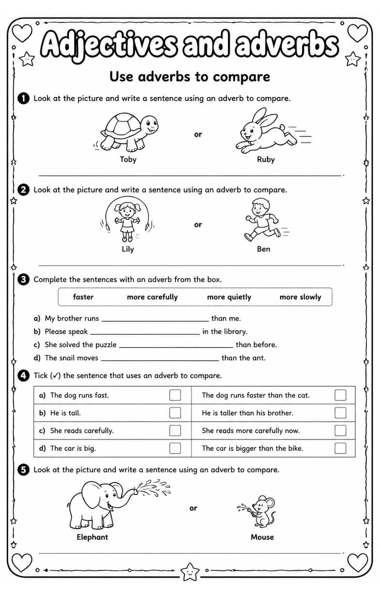 Use adverbs to compare — free printable Grade 3 English & Reading worksheet