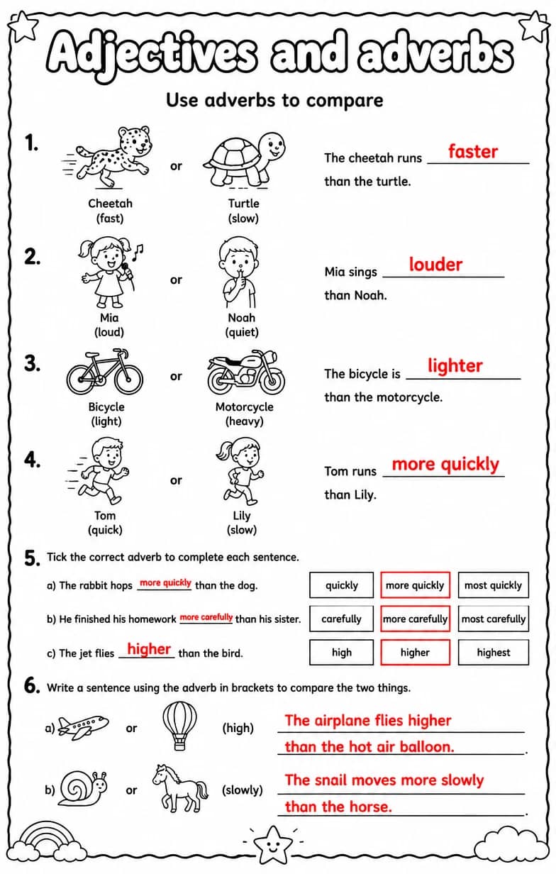 Answer key for Use adverbs to compare — free printable English & Reading worksheet