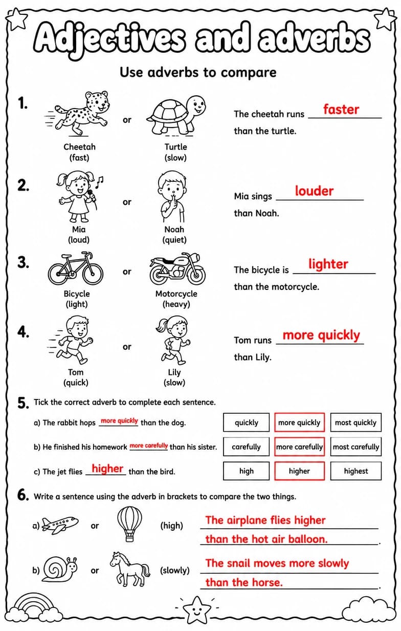 Answer key for Use adverbs to compare — free printable English & Reading worksheet