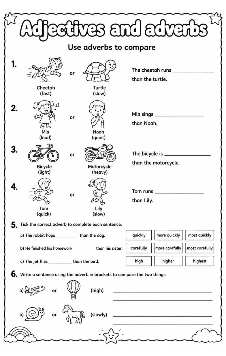 Use adverbs to compare — free printable Grammar and mechanics English worksheet