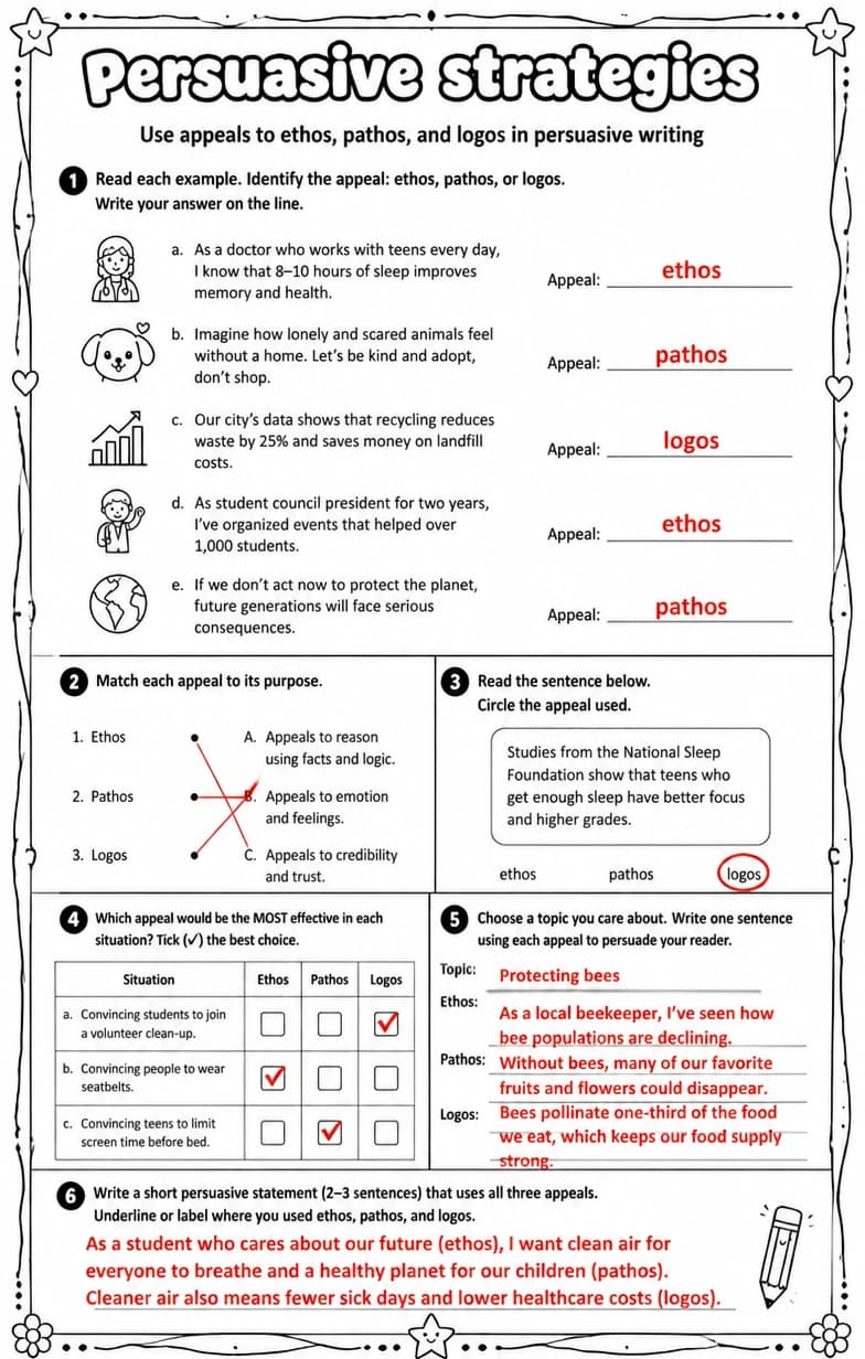 Answer key for Use appeals to ethos, pathos, and logos in persuasive writing — free printable English & Reading worksheet