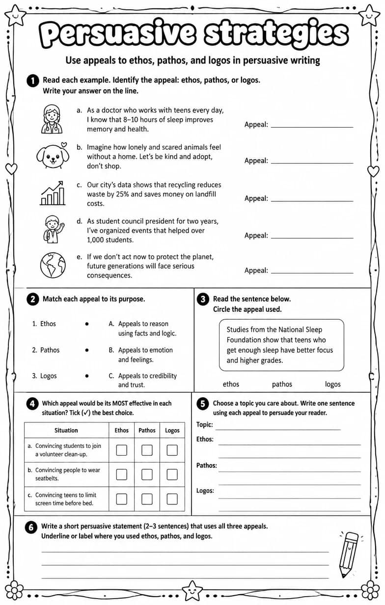 Use appeals to ethos, pathos, and logos in persuasive writing — free printable Writing strategies English worksheet