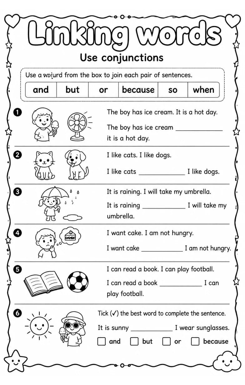 Use conjunctions — free printable Grade 1 English & Reading worksheet