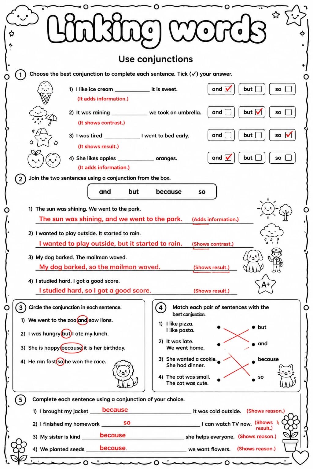 Answer key for Use conjunctions — free printable English & Reading worksheet