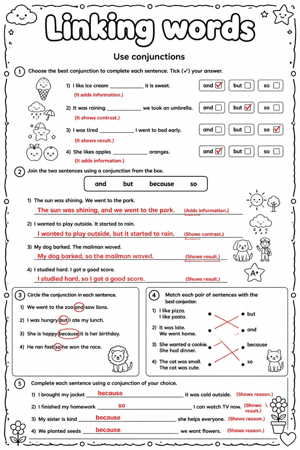 Answer key for Use conjunctions — free printable English & Reading worksheet