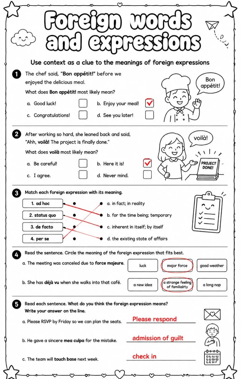 Answer key for Use context as a clue to the meanings of foreign expressions — free printable English & Reading worksheet