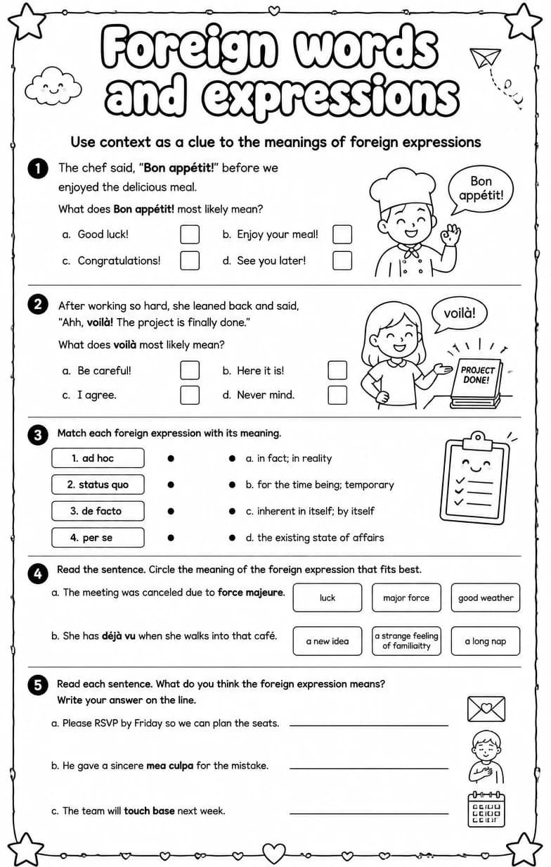 Use context as a clue to the meanings of foreign expressions — free printable Vocabulary English worksheet
