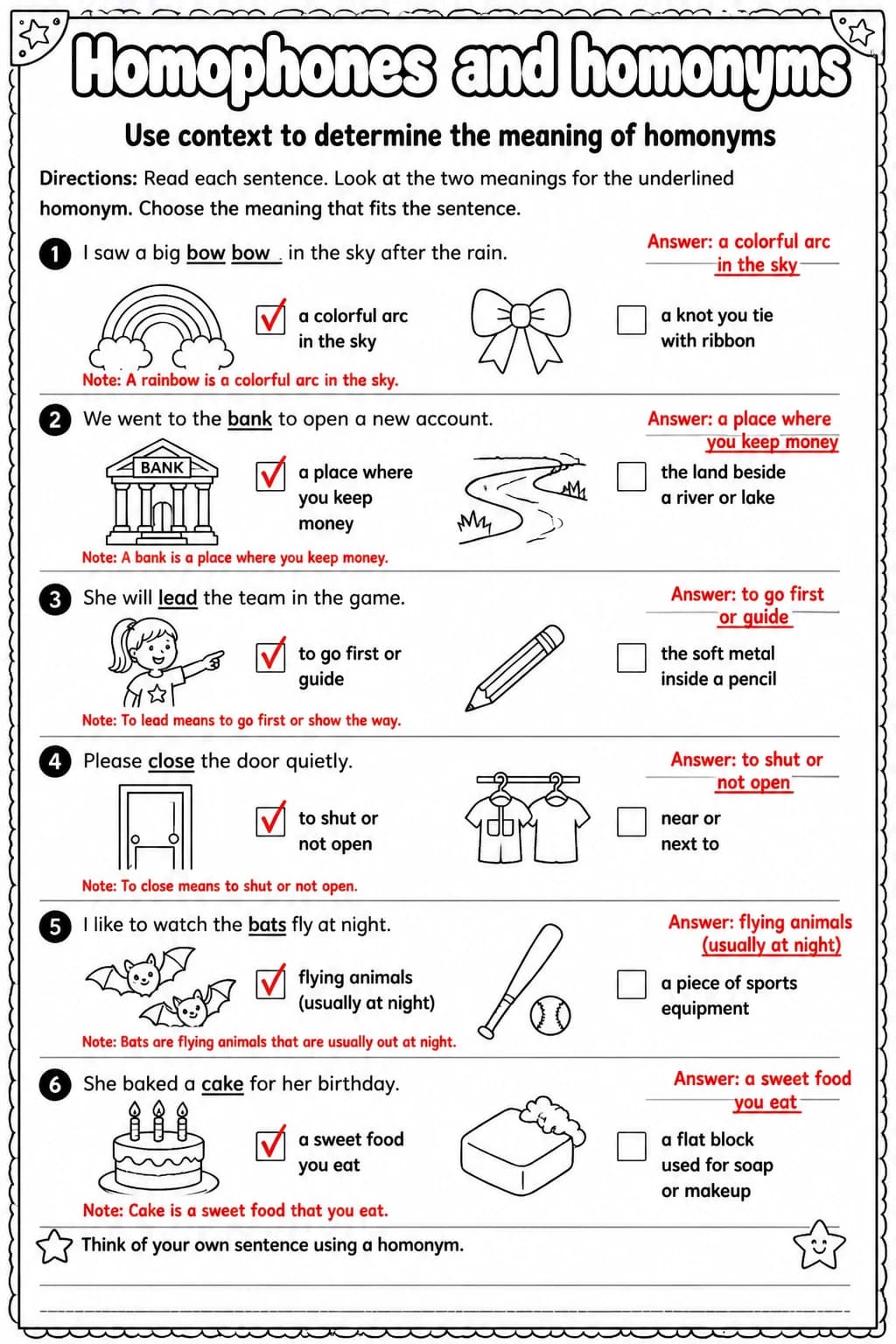 Answer key for Use context to determine the meaning of homonyms — free printable English & Reading worksheet