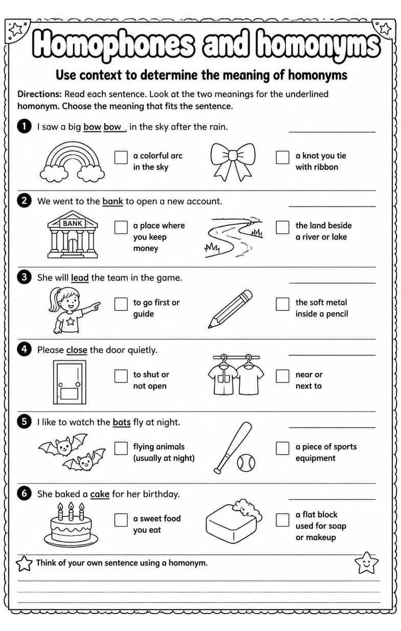 Use context to determine the meaning of homonyms — free printable Vocabulary English worksheet