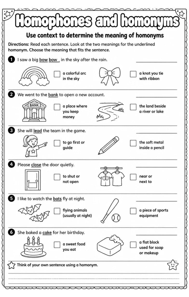 Use context to determine the meaning of homonyms — free printable Vocabulary English worksheet