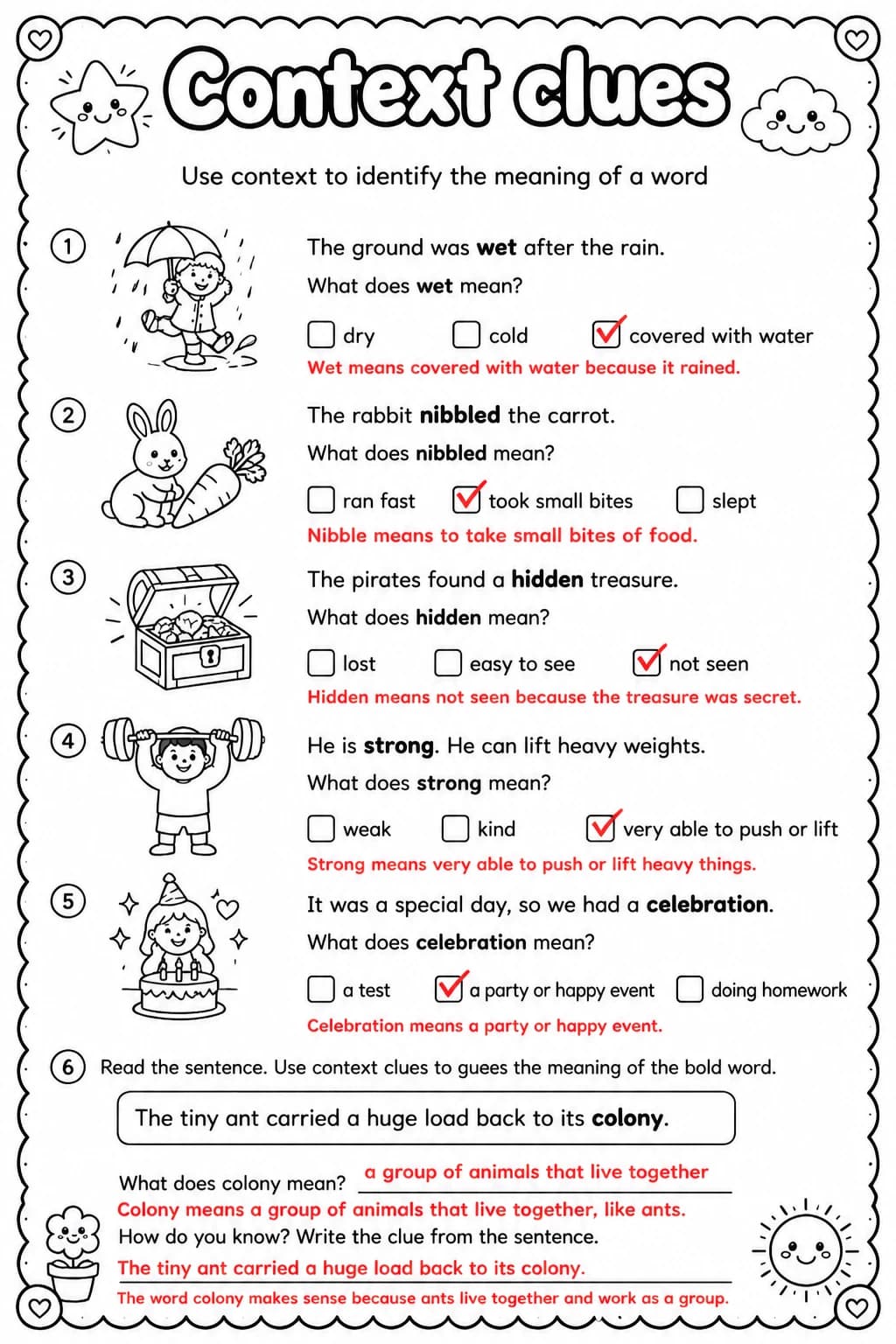 Answer key for Use context to identify the meaning of a word — free printable English & Reading worksheet