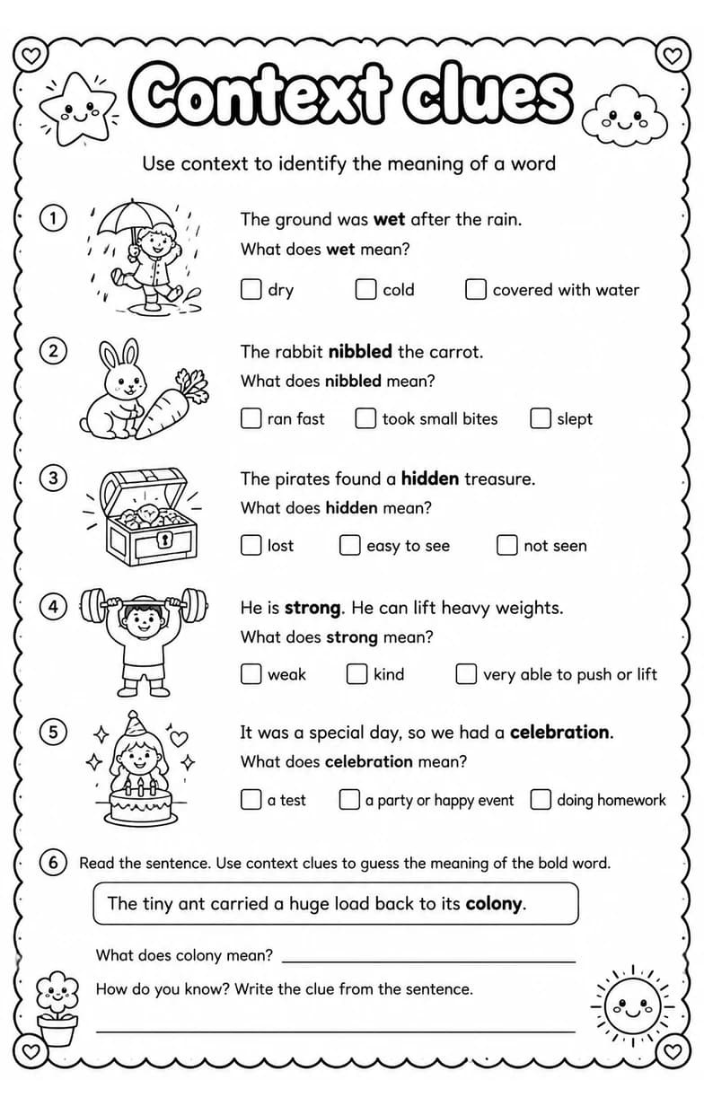 Use context to identify the meaning of a word — free printable Grade 1 English & Reading worksheet