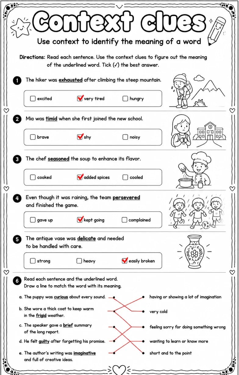 Answer key for Use context to identify the meaning of a word — free printable English & Reading worksheet