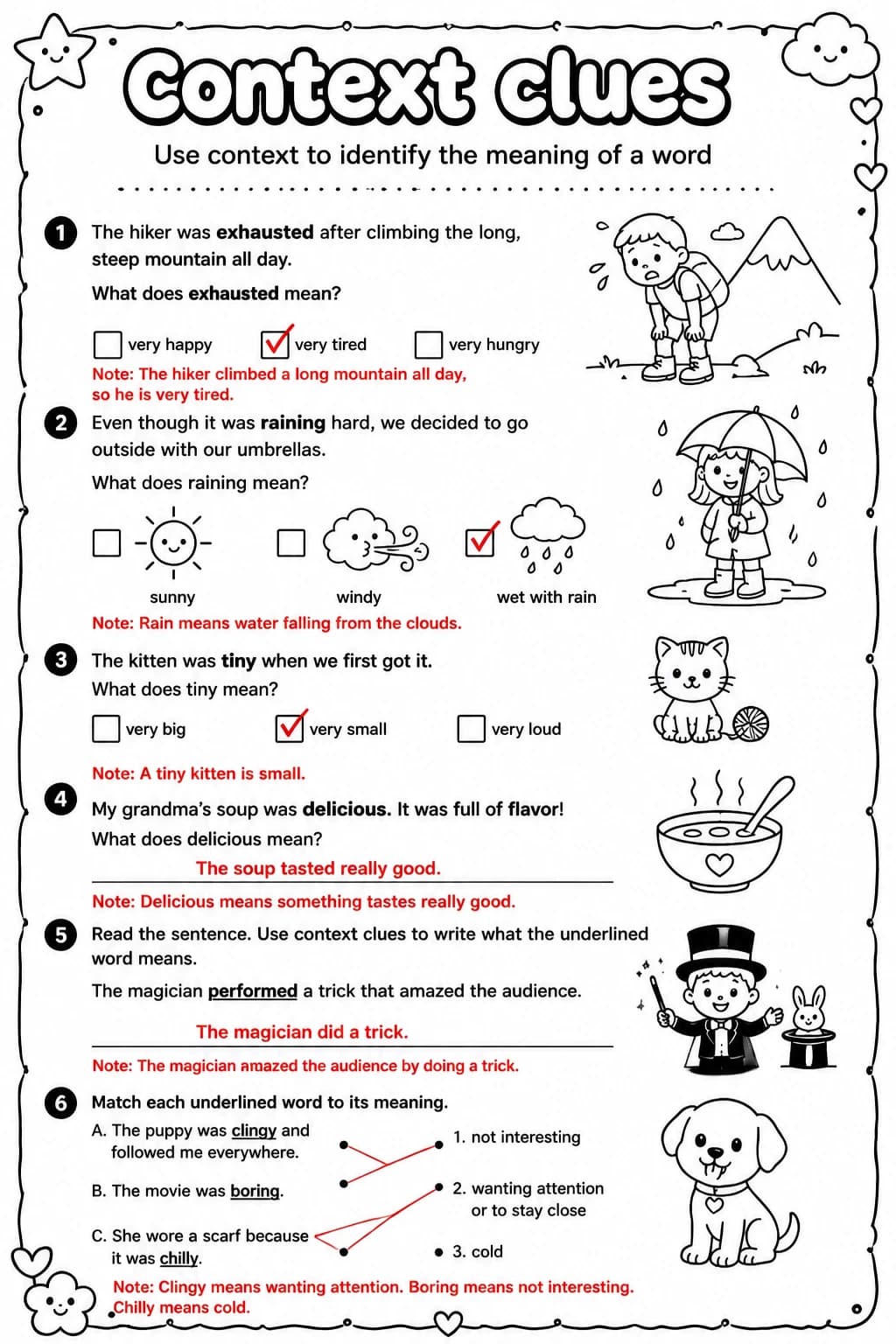 Answer key for Use context to identify the meaning of a word — free printable English & Reading worksheet