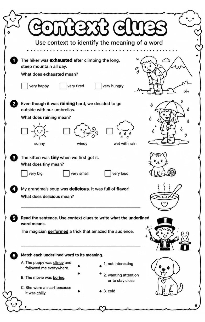 Use context to identify the meaning of a word — free printable Grade 2 English & Reading worksheet