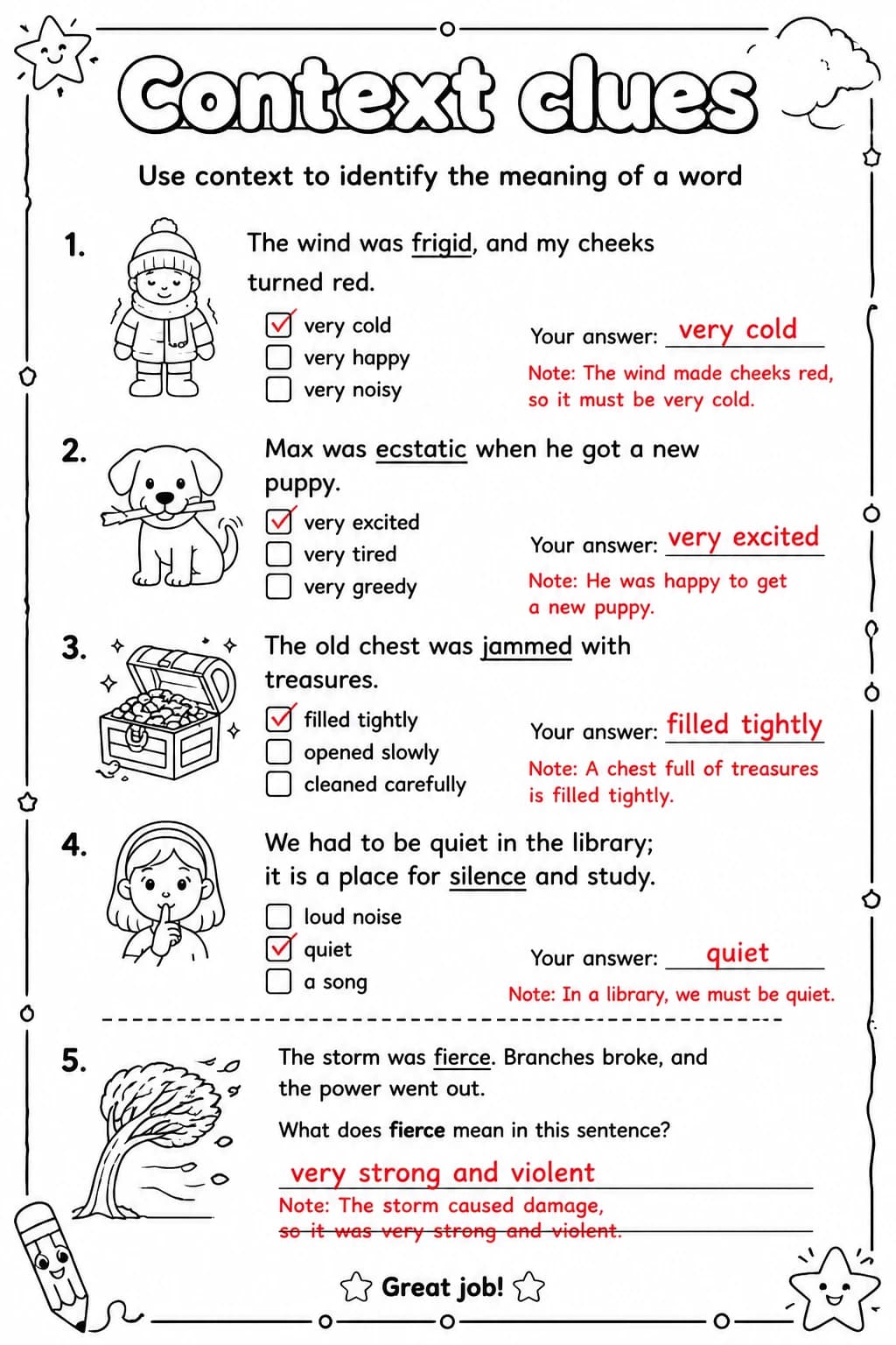 Answer key for Use context to identify the meaning of a word — free printable English & Reading worksheet