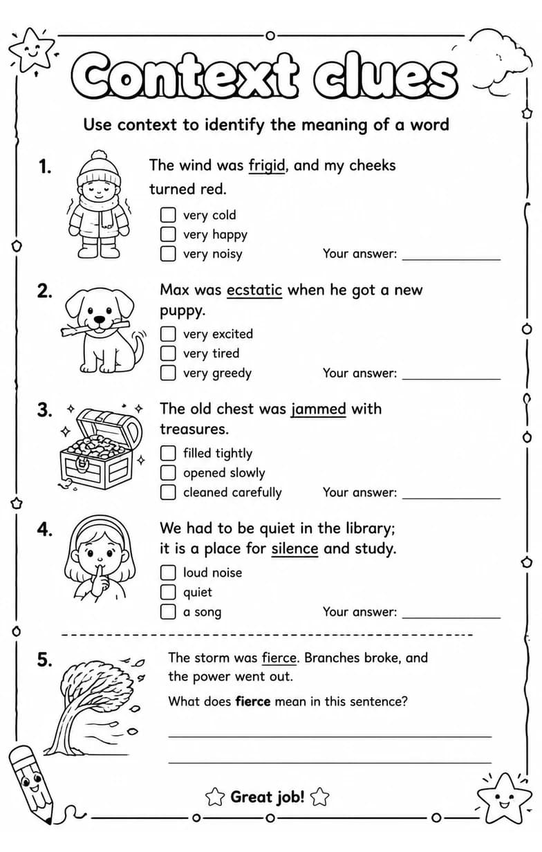Use context to identify the meaning of a word — free printable Grade 3 English & Reading worksheet