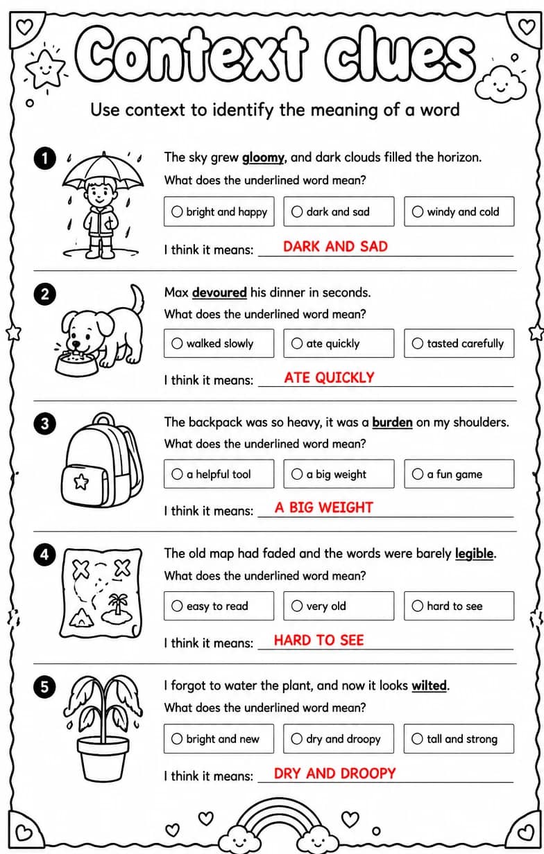 Answer key for Use context to identify the meaning of a word — free printable English & Reading worksheet