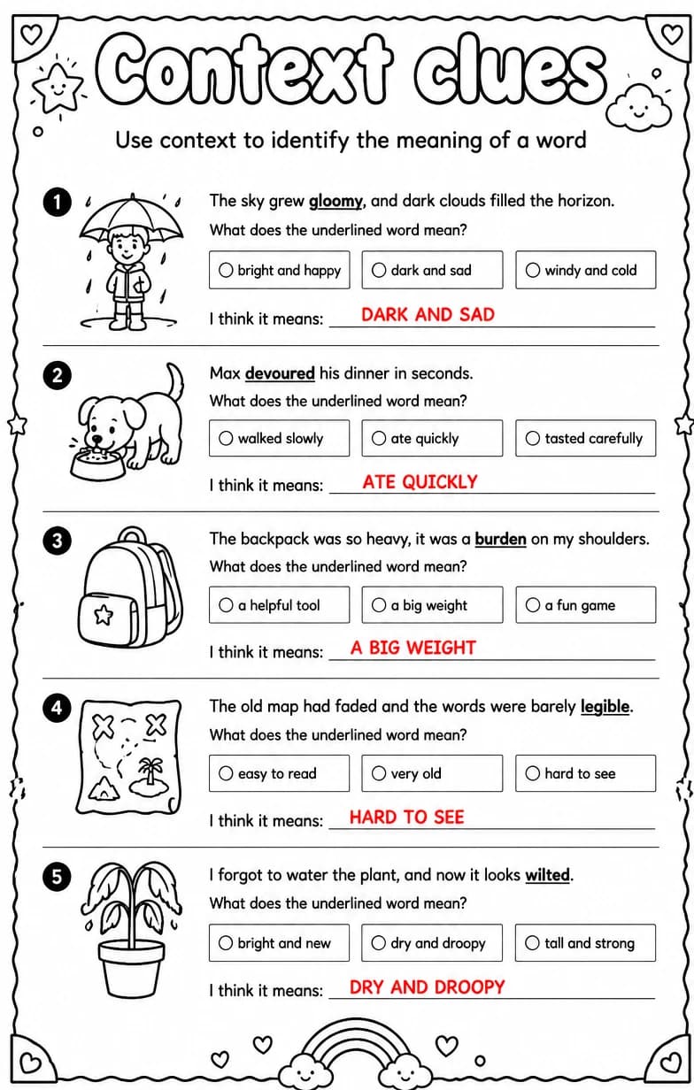 Answer key for Use context to identify the meaning of a word — free printable English & Reading worksheet