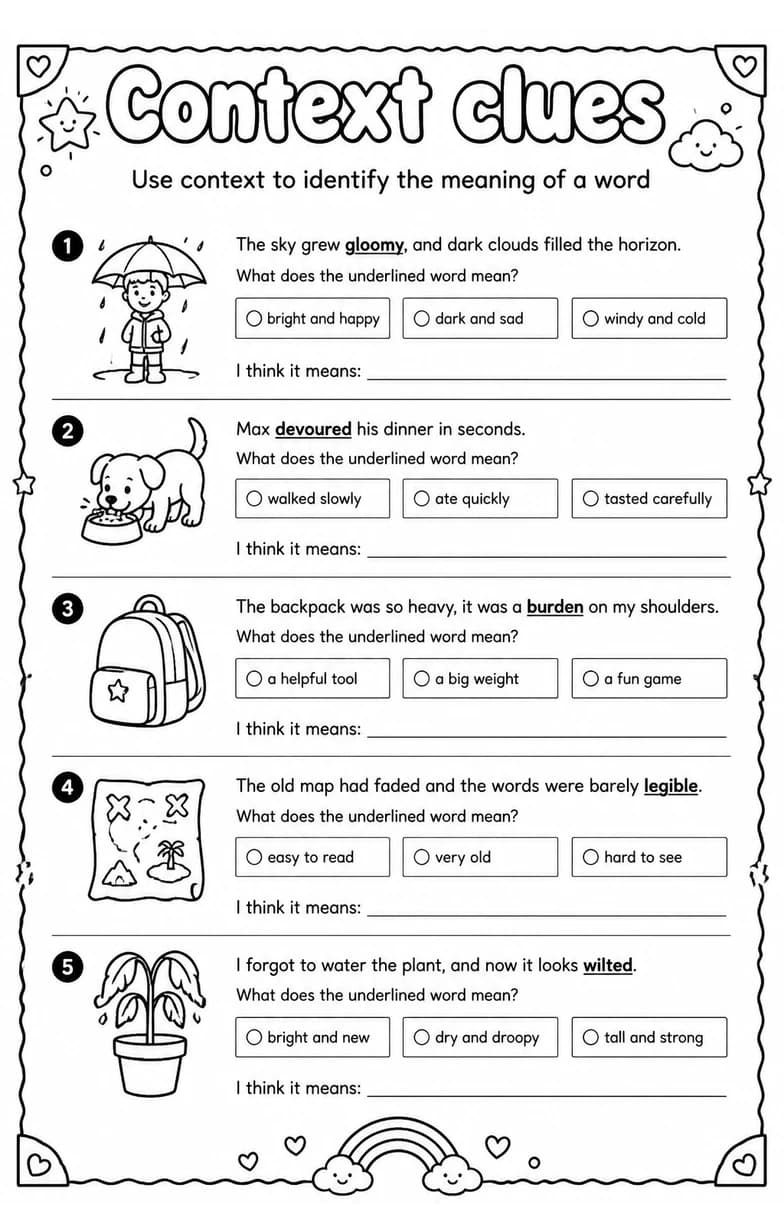 Use context to identify the meaning of a word — free printable Grade 4 English & Reading worksheet