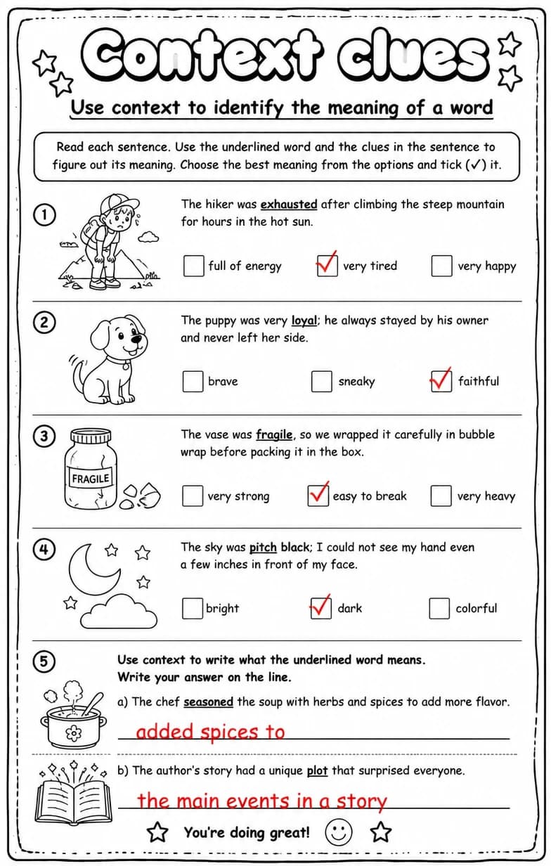 Answer key for Use context to identify the meaning of a word — free printable English & Reading worksheet