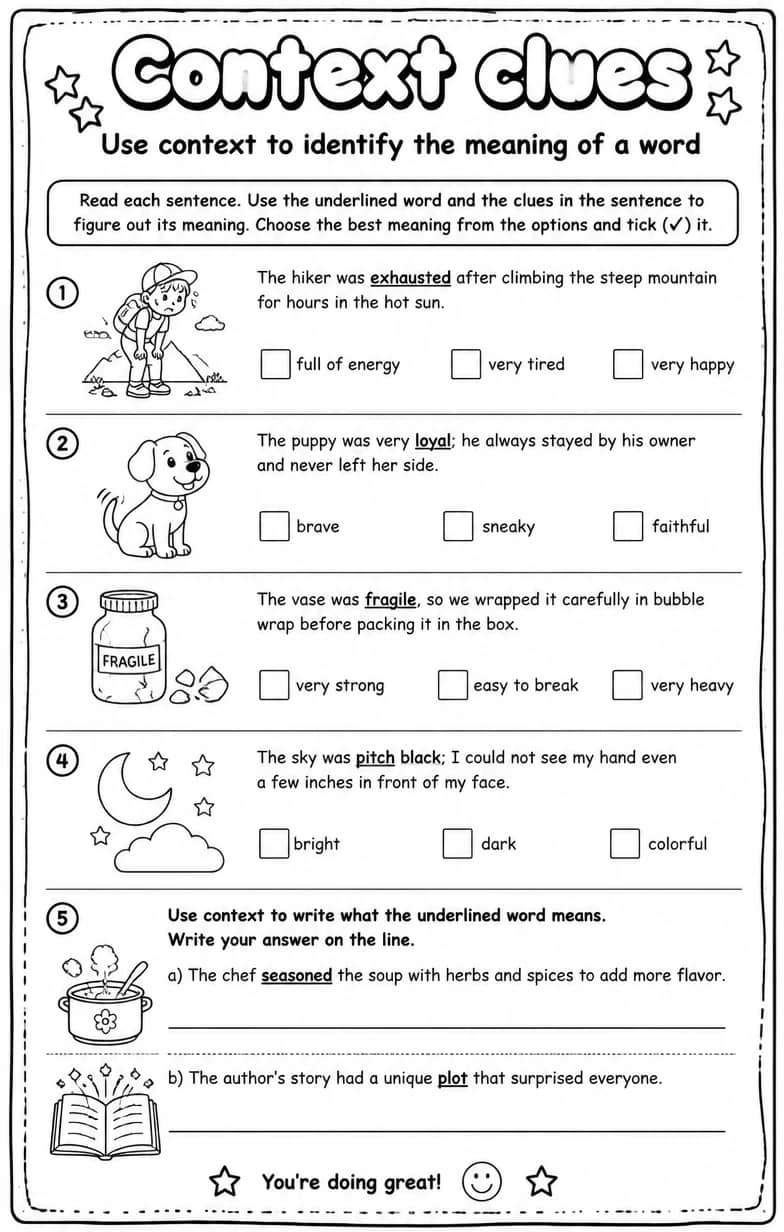 Use context to identify the meaning of a word — free printable Vocabulary English worksheet