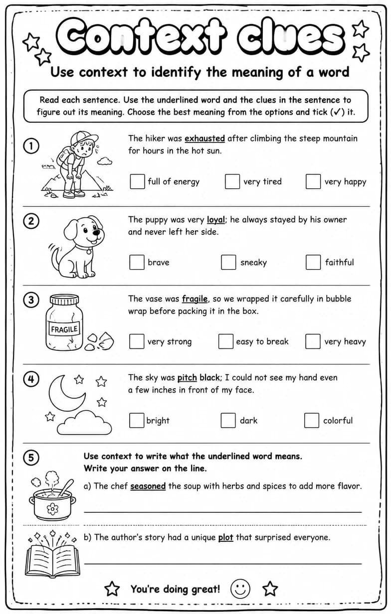 Use context to identify the meaning of a word — free printable Grade 5 English & Reading worksheet