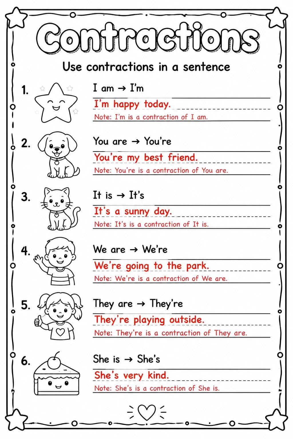 Answer key for Use contractions in a sentence — free printable English & Reading worksheet