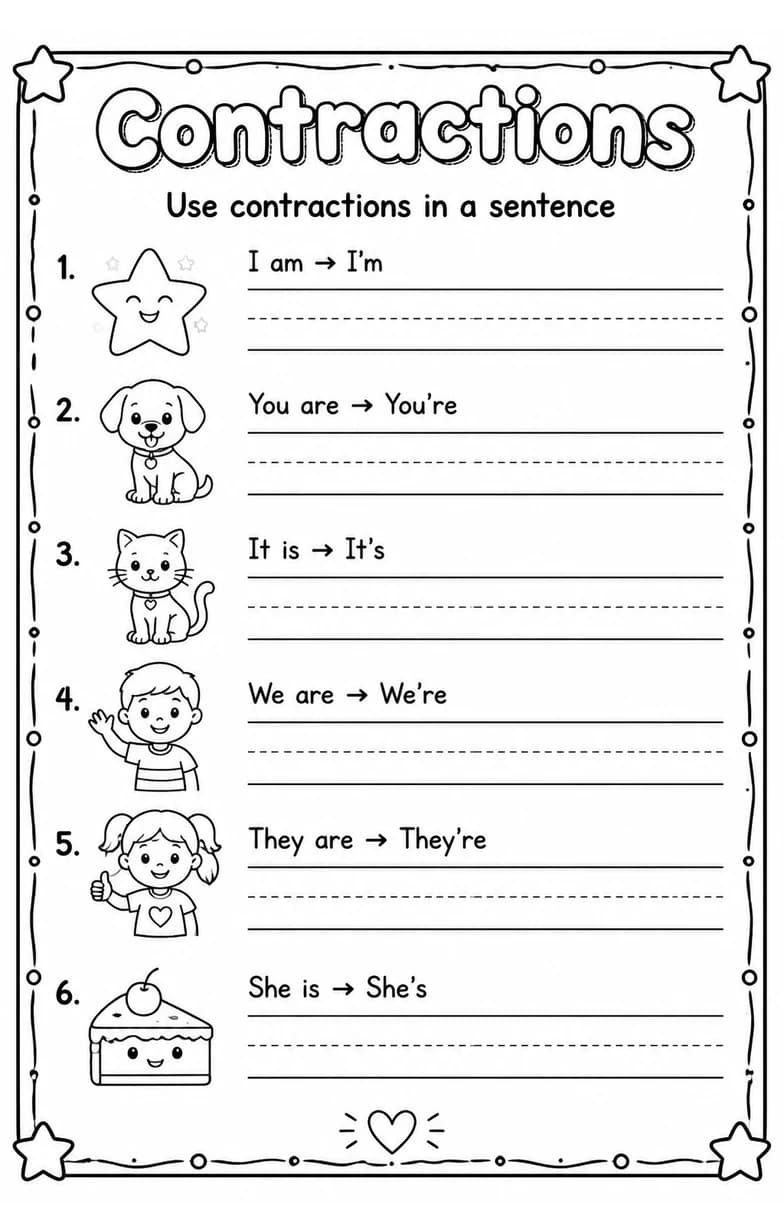 Use contractions in a sentence — free printable Grammar and mechanics English worksheet