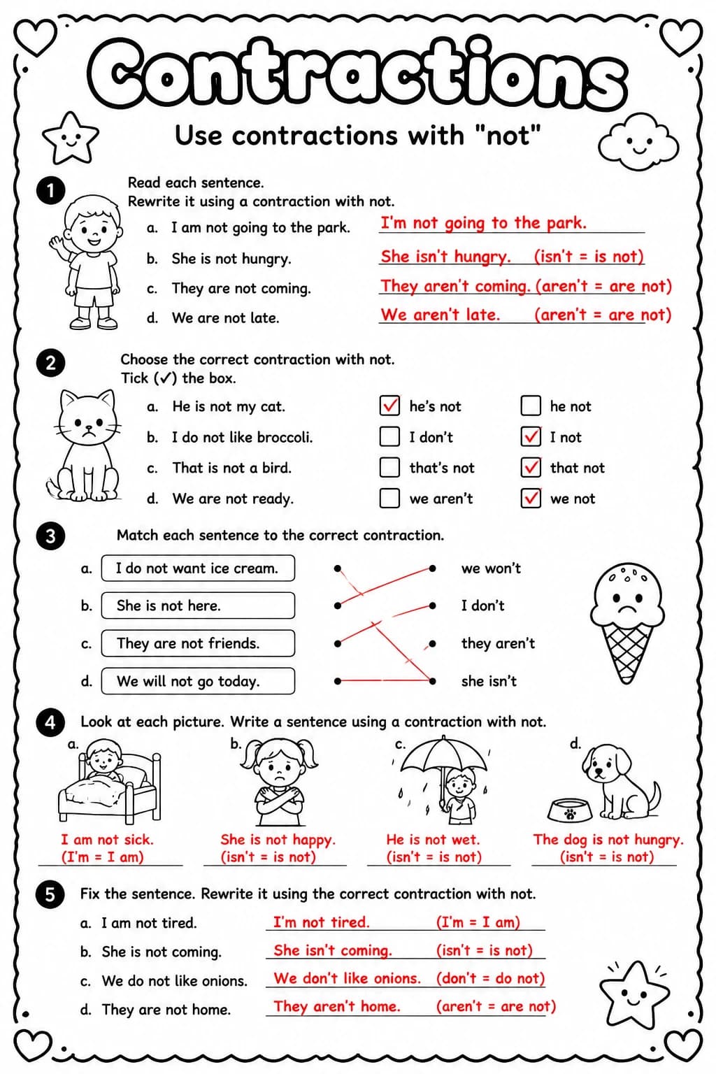 Answer key for Use contractions with "not" — free printable English & Reading worksheet