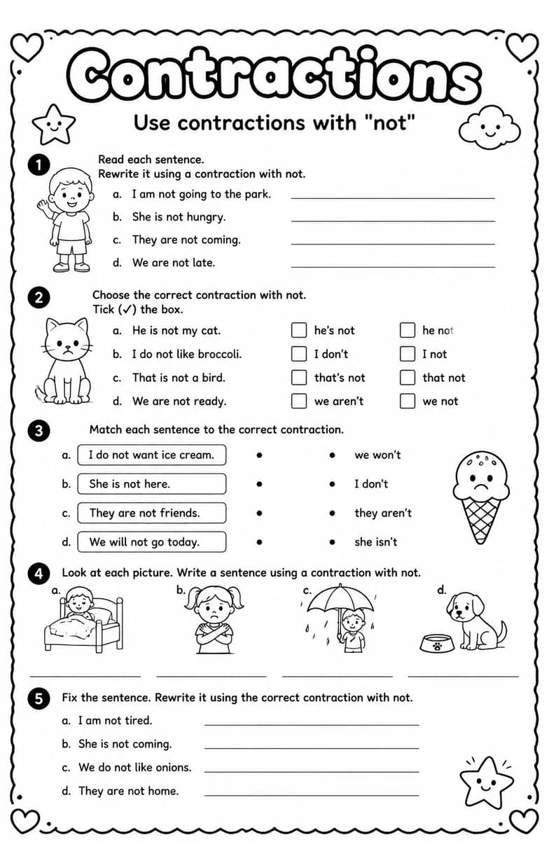 Use contractions with "not" — free printable Grammar and mechanics English worksheet