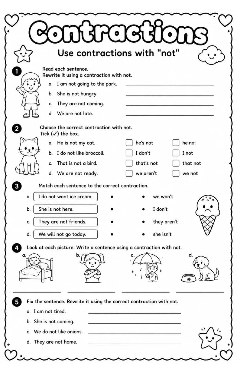 Use contractions with "not" — free printable Grade 2 English & Reading worksheet