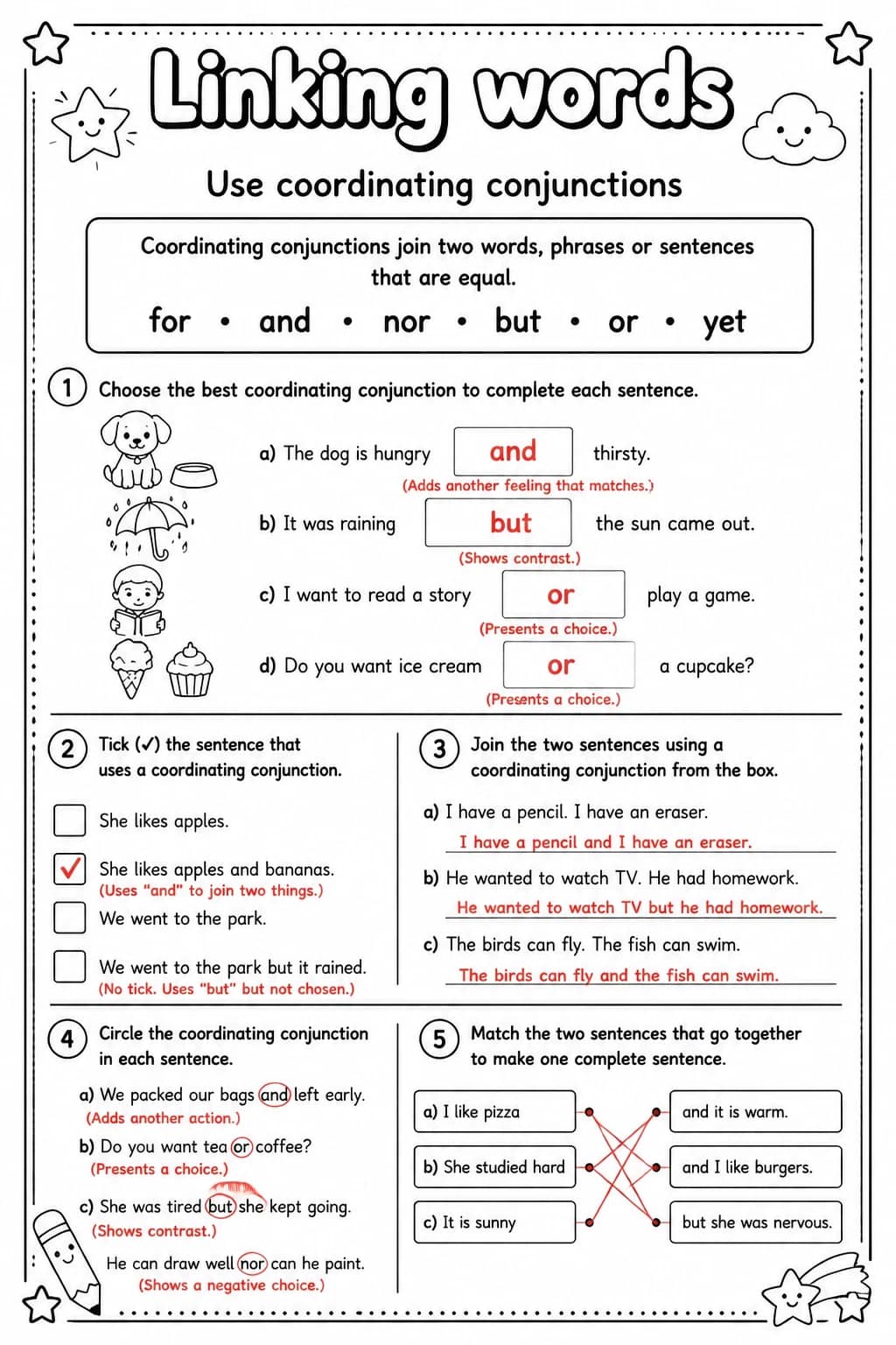 Answer key for Use coordinating conjunctions — free printable English & Reading worksheet