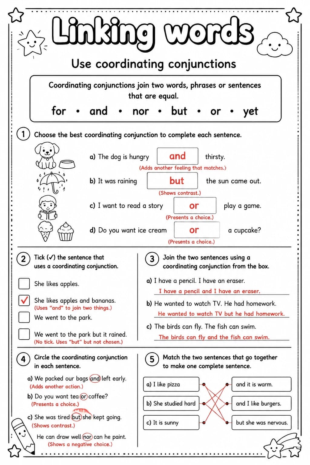 Answer key for Use coordinating conjunctions — free printable English & Reading worksheet