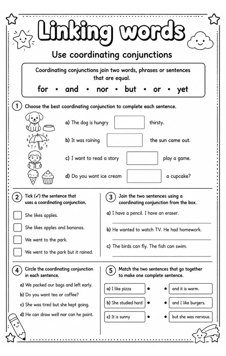 Use coordinating conjunctions — free printable Writing strategies English worksheet
