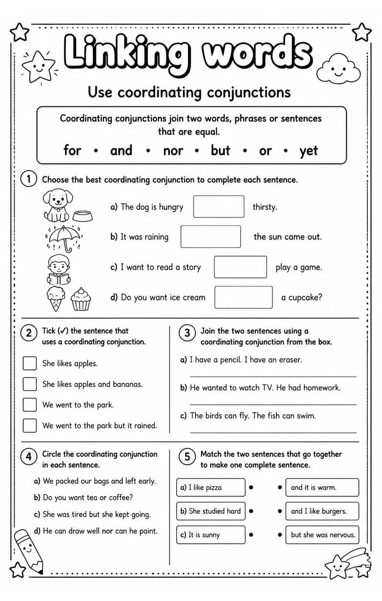 Use coordinating conjunctions — free printable Grade 3 English & Reading worksheet