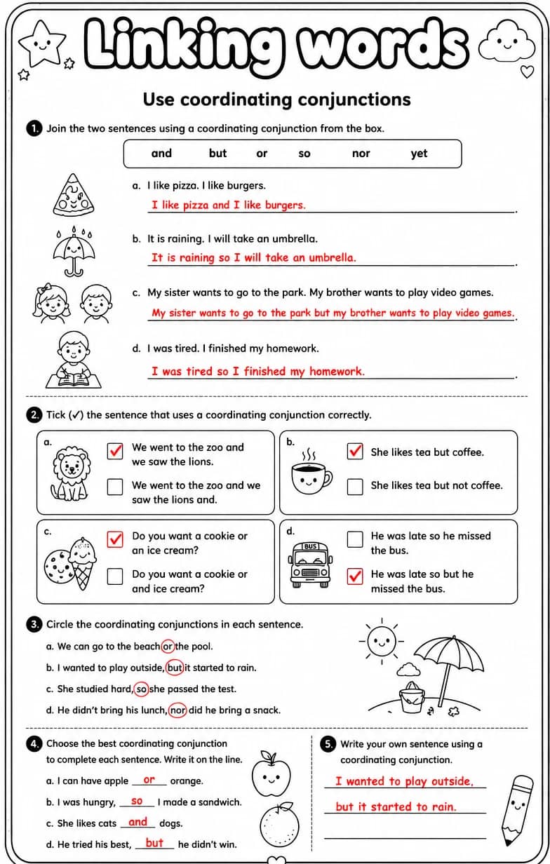 Answer key for Use coordinating conjunctions — free printable English & Reading worksheet